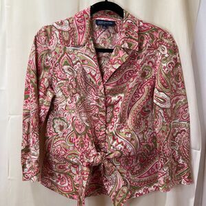 Jones New York Pink & Green Paisley Print Blouse 3/4 Sleeve Professional Top-M